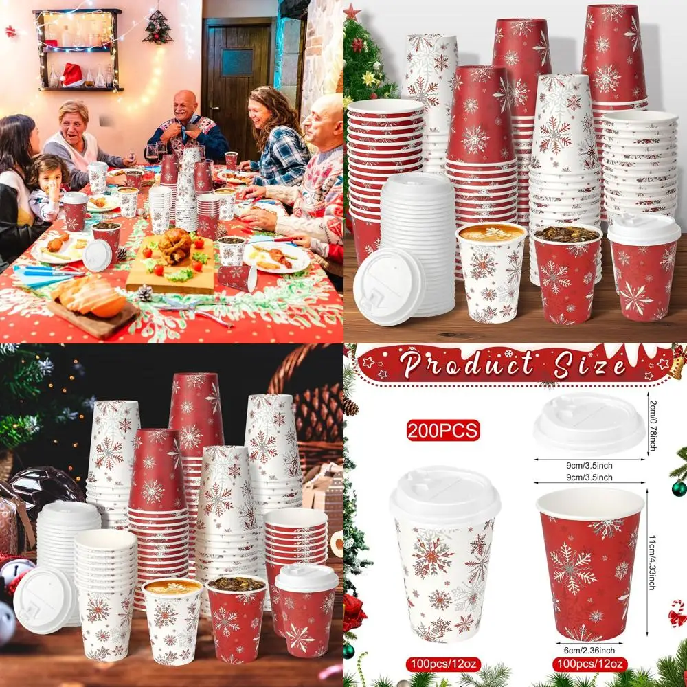 

12oz Disposable Red Snowflake Cups with Lids - Bulk Christmas and New Year Party Cups for Hot & Cold Drinks