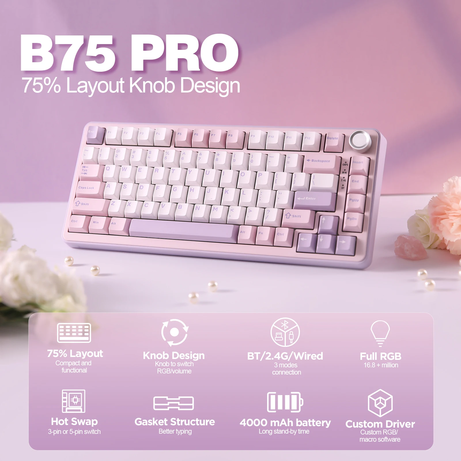 YUNZII B75 PRO Purple 75% Wireless Mechanical Gaming Keyboard, Gasket Hot Swap Custom RGB 82-Key Creamy Knob Wireless Keyboard