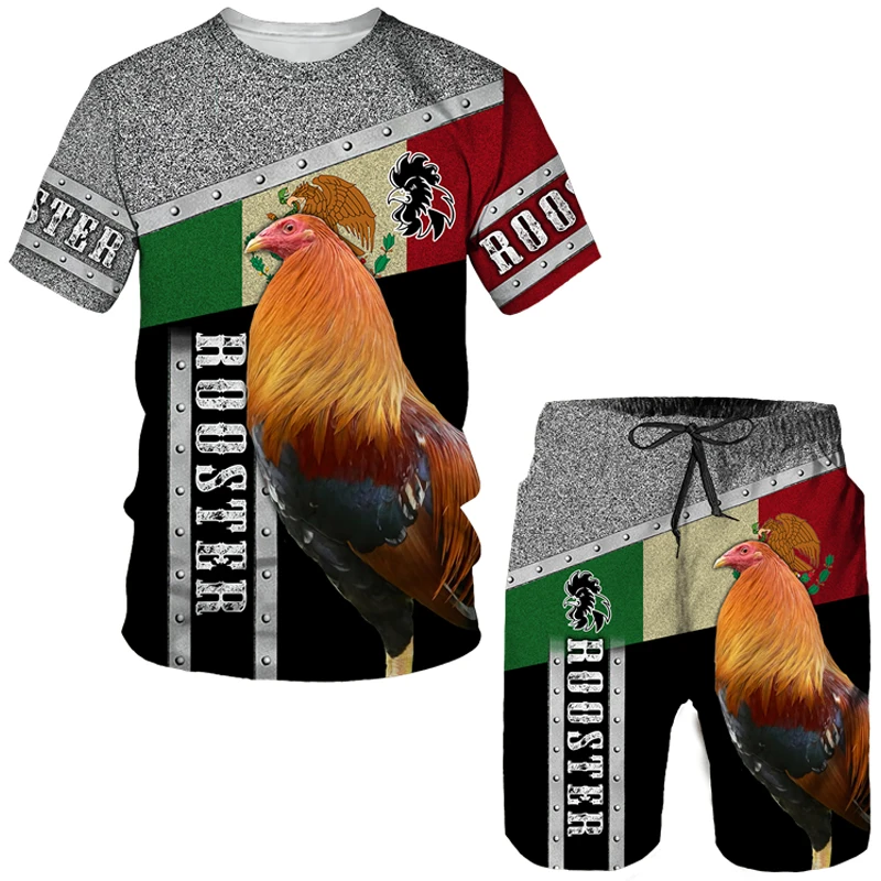 Hahn Jagd Sommer Männer 3D-Druck Mann Set T-Shirt Shorts Outfit Trainings anzug Hahn Tier kurze Ärmel 2 Stück übergroßen Anzug