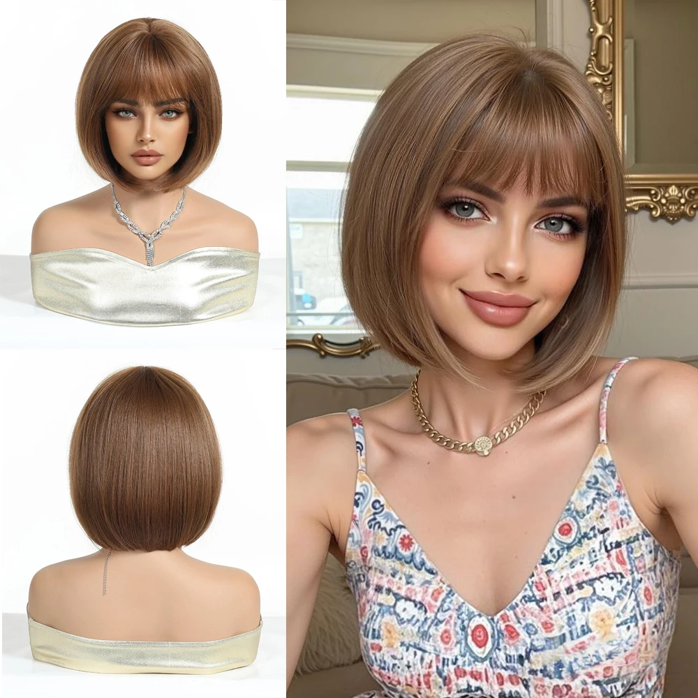 

10-Inch Short Straight Synthetic Hair With Bangs Is Suitable For Women'S Daily Party Role-Playing Bob Wigs And Is Heat-Resistant