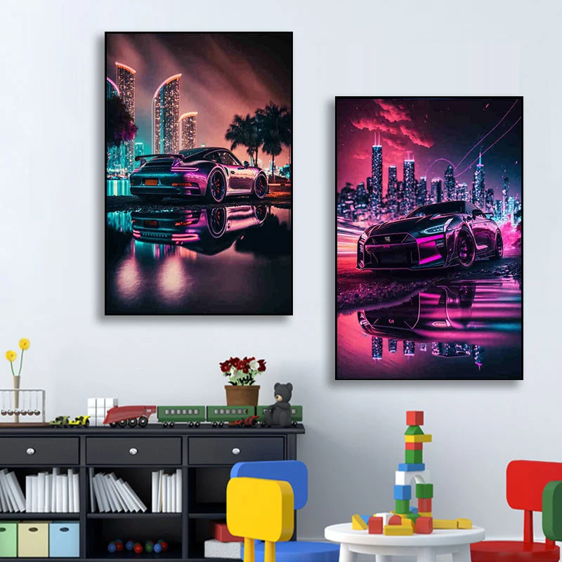 1pc Frameless Canvas Painting 80s Retro Jdm Car Poster Aesthetic 911 GTR Road Luxury Cars City Moon Canvas Painting for Wall Art