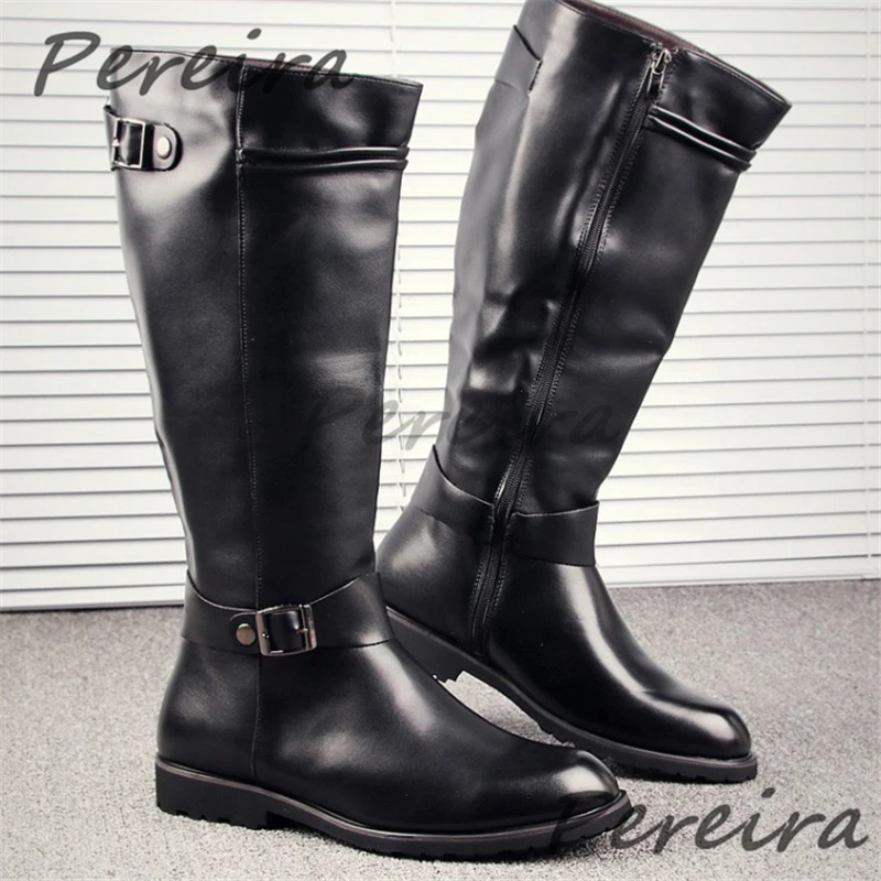 Autumn Winter Retro Knee High Boots for Men British Style Leather Belt Buckle Zipper Knight Boots Outdoor Men's Shoes Plus Size
