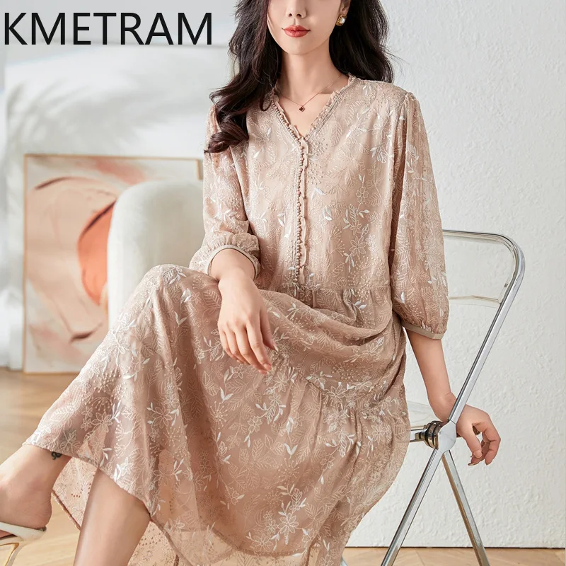 KMETRAM 100% Mulberry Silk Embroidery Dress Women Elegant Party Long Dresses Female 2024 Summer Dress Women Clothing Vestido