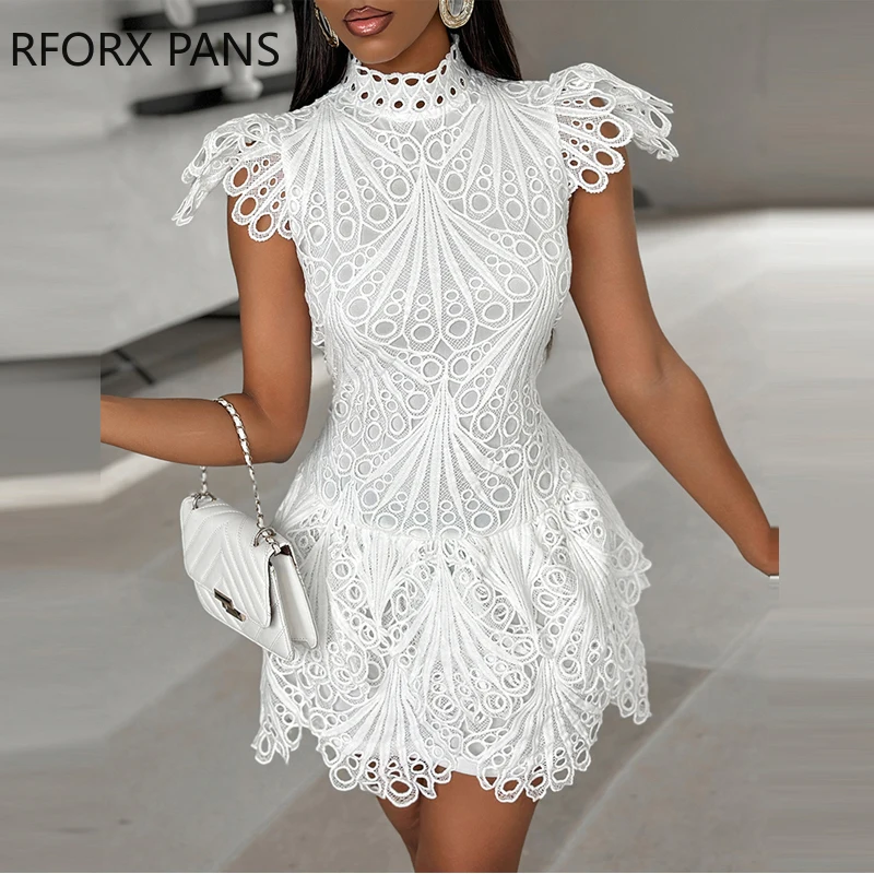 2024 Women Solid Small Flying Sleeves Hook Flower Hollow Stand Collar Mini Formal Party White Dress