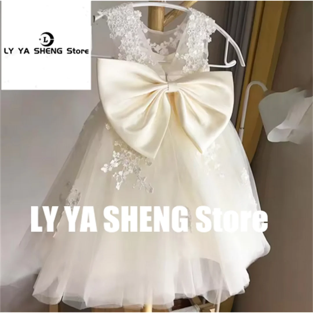 Communion Tulle Puffy Flower Girl Dresses Ivory Lace With Satin Bow Sleeveless Kids Birthday Ball Gowns Princess First Communion