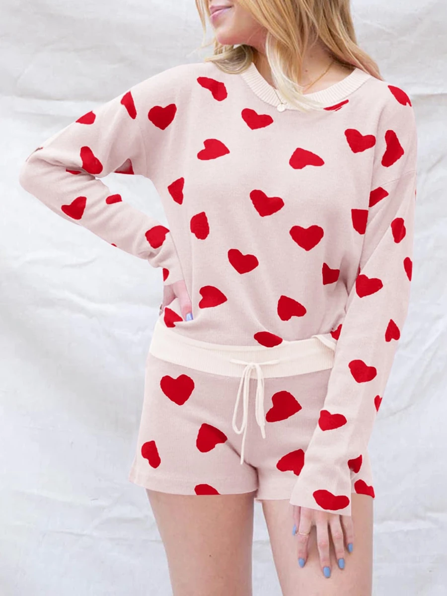 

Women s Pajama Set 2 Piece Soft Heart Print Set Long Sleeve Tops Drawstring Shorts Sleepwear Sets