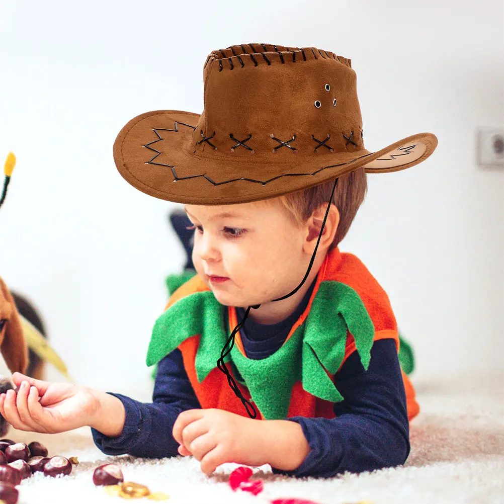 

2pcs Kids Western Cowboy Hats Girls Boys Vintage Pu Fedora Wide Brim Breathable Sun Protection Party Accessories Halloween