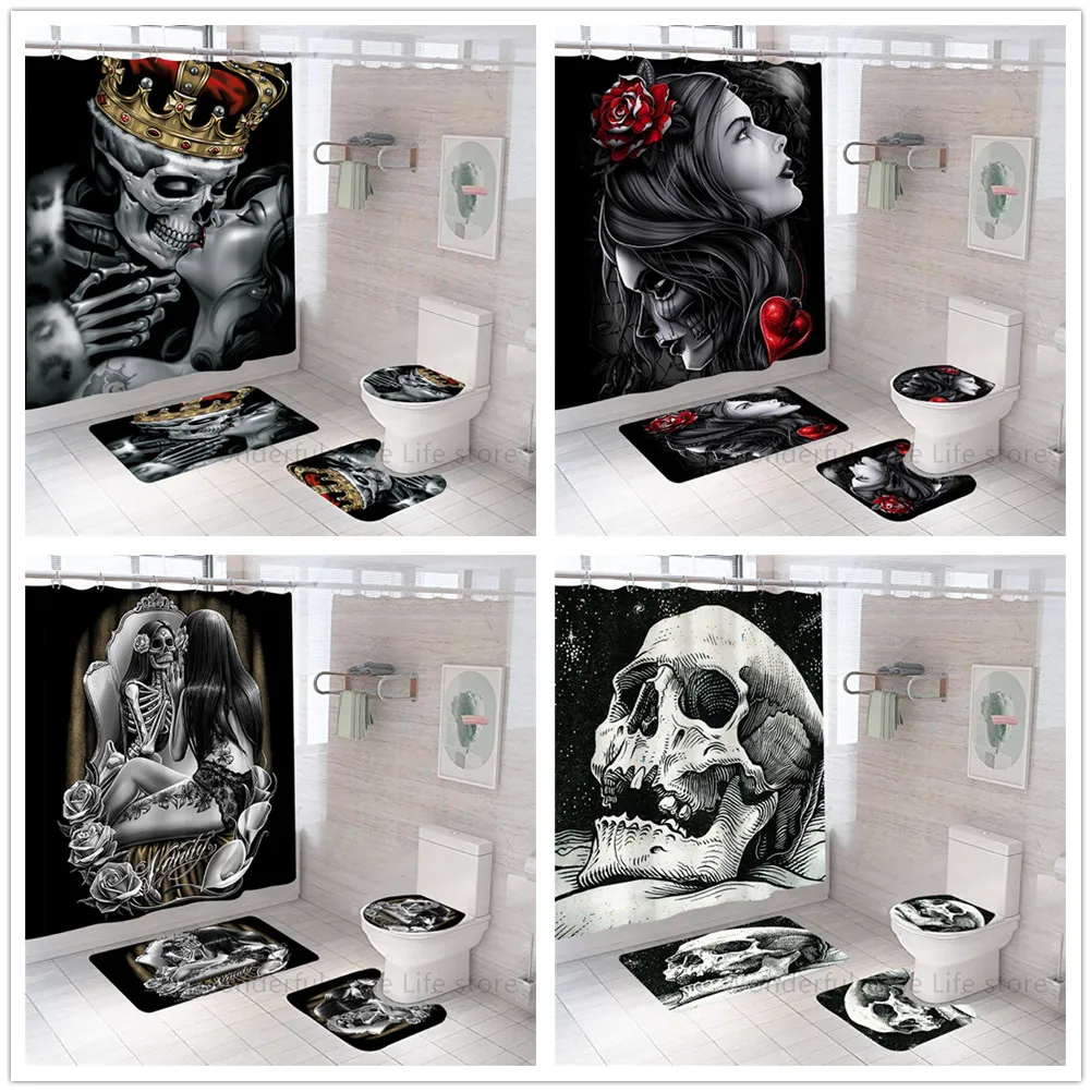 Black Skull Skeleton Print Shower Curtain Set 3D Funny Waterproof Horrible Halloween Festival Bathroom Decor Carpet Toilet Cover