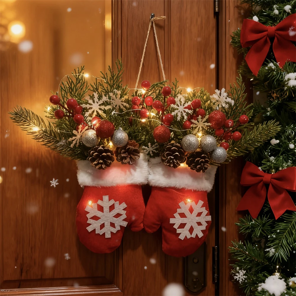 

Twinkling Christmas Mitten Wreath Christmas Lighted Werath Front Door Artificial Garland for Party Wall Decoration
