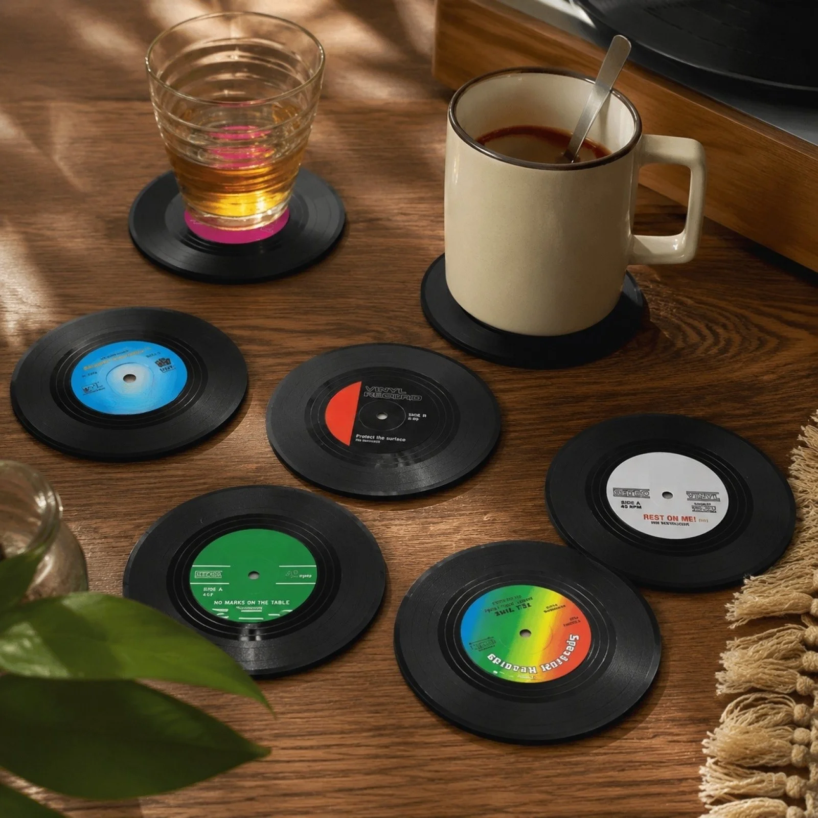 6pcs Vintage Record Coaster Retro Disc Drink Mat Non Slip Heat Resistant Table Placemat for Coffee Tea Mug Home Table Decor Gift
