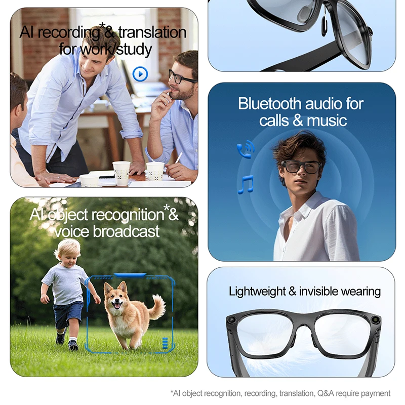 Smart Camera Glasses 2000W 1080P HD Shooting Video AI Voice Recording Translation Headset AI Object Recognition Smart Eyeglasses