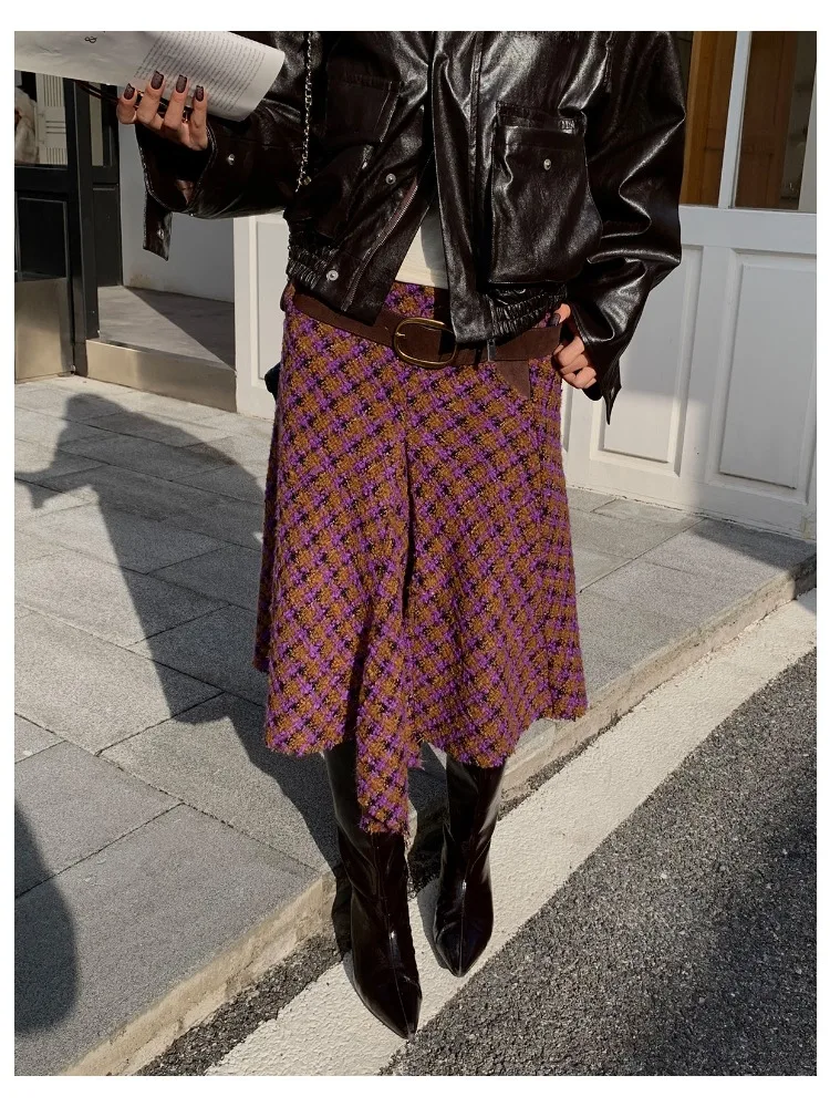 【MAR】Women's Autumn Winter Retro Wool Plaid A-Line Woolen Skirt Winter Skirt