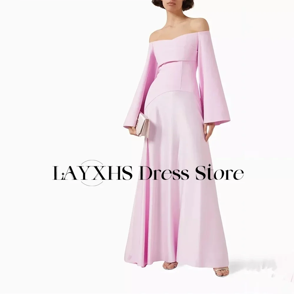 LAYXHS Schlichtes, schulterfreies Abendkleid, rosa, langärmelig, A-Linie, bodenlang, Ballkleid, maßgeschneidert