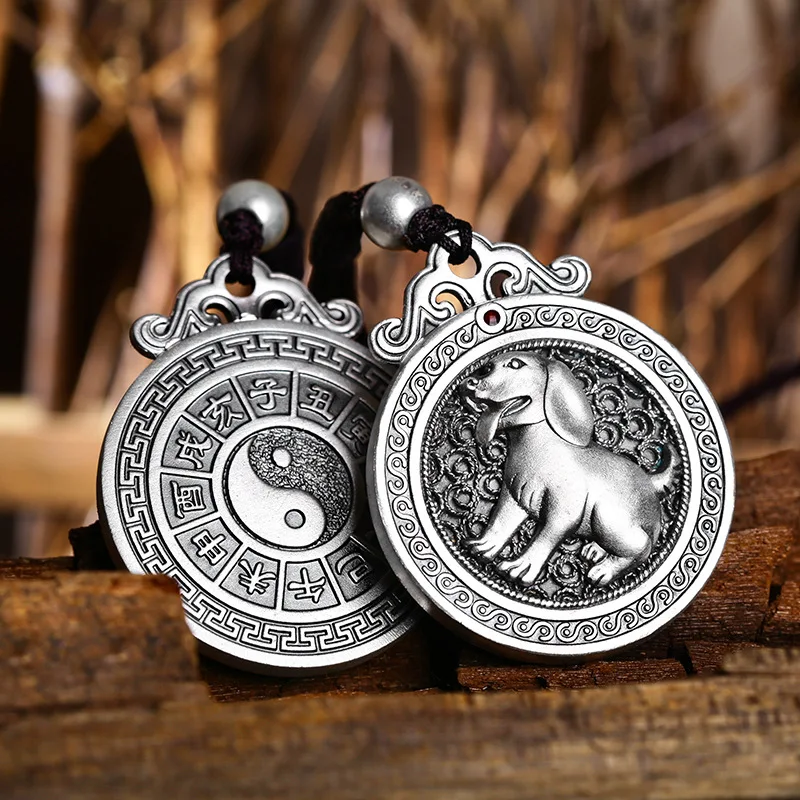 S999 Solid Silver Zodiac Pendant Bagua Fengshui Buddhist Amulet