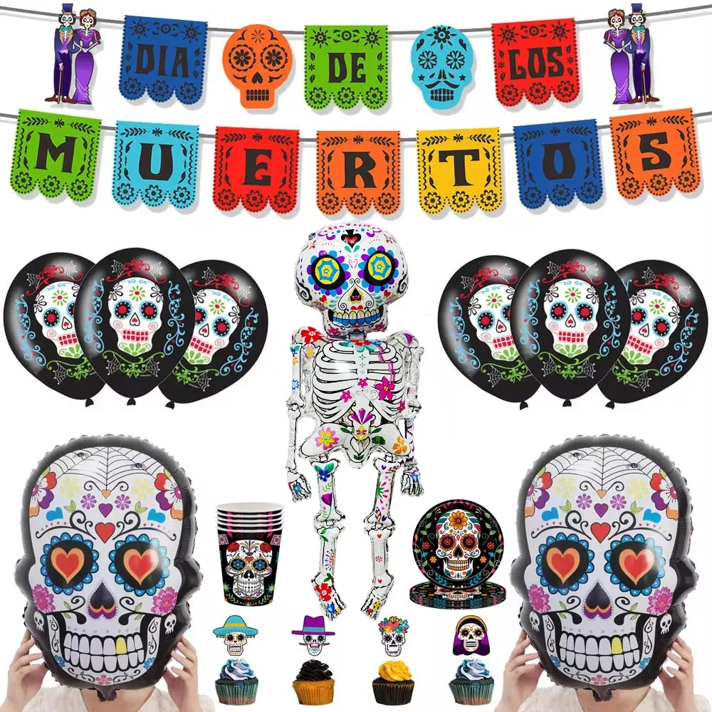 Decoraciones del Día De Los Muertos, pancarta De calavera De azúcar, adornos para Tartas, globo De calavera mexicana, decoración De Fiesta
