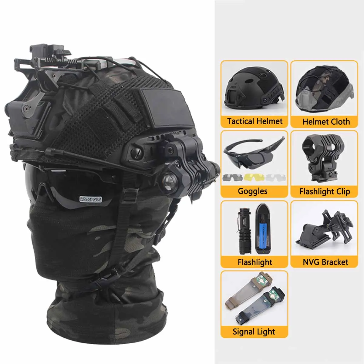 FAST Tactical Helmet Set With Goggles & Night Vision Mount & Flashlight & Signal Light For Airgun Paintball Shooting Hunting