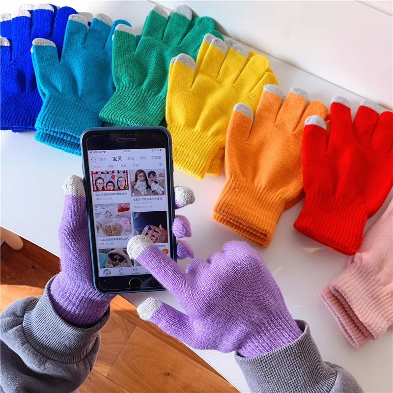 Guantes de punto de Color caramelo para mujer, manoplas cálidas para pantalla táctil de todos los dedos, estudiantes, niñas, Halloween, otoño e invierno, T197