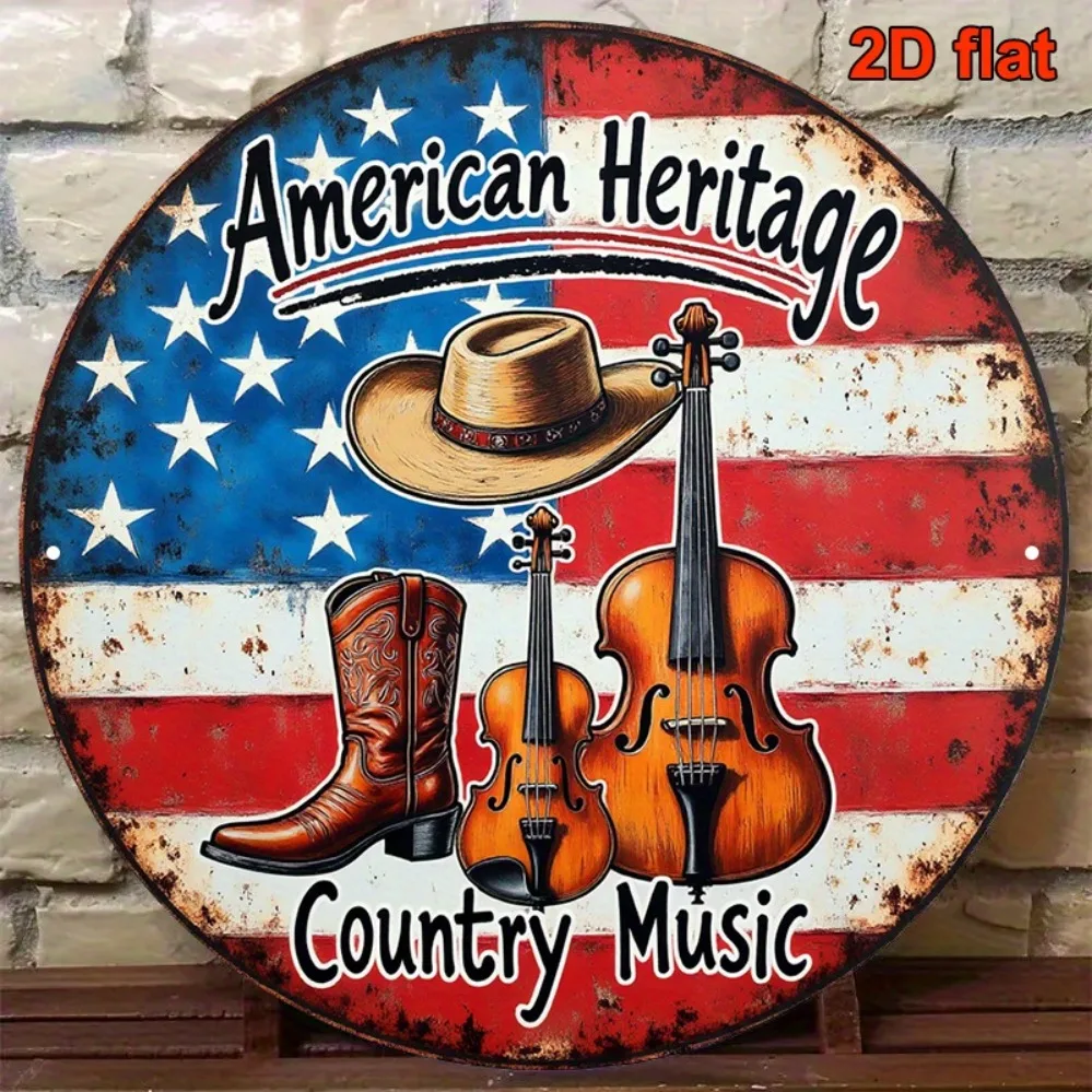 Retro Country Music Aluminum Sign 8x8 Inch Round with Violin Cowboy Boots for Wall Art Decor Bar Restaurant