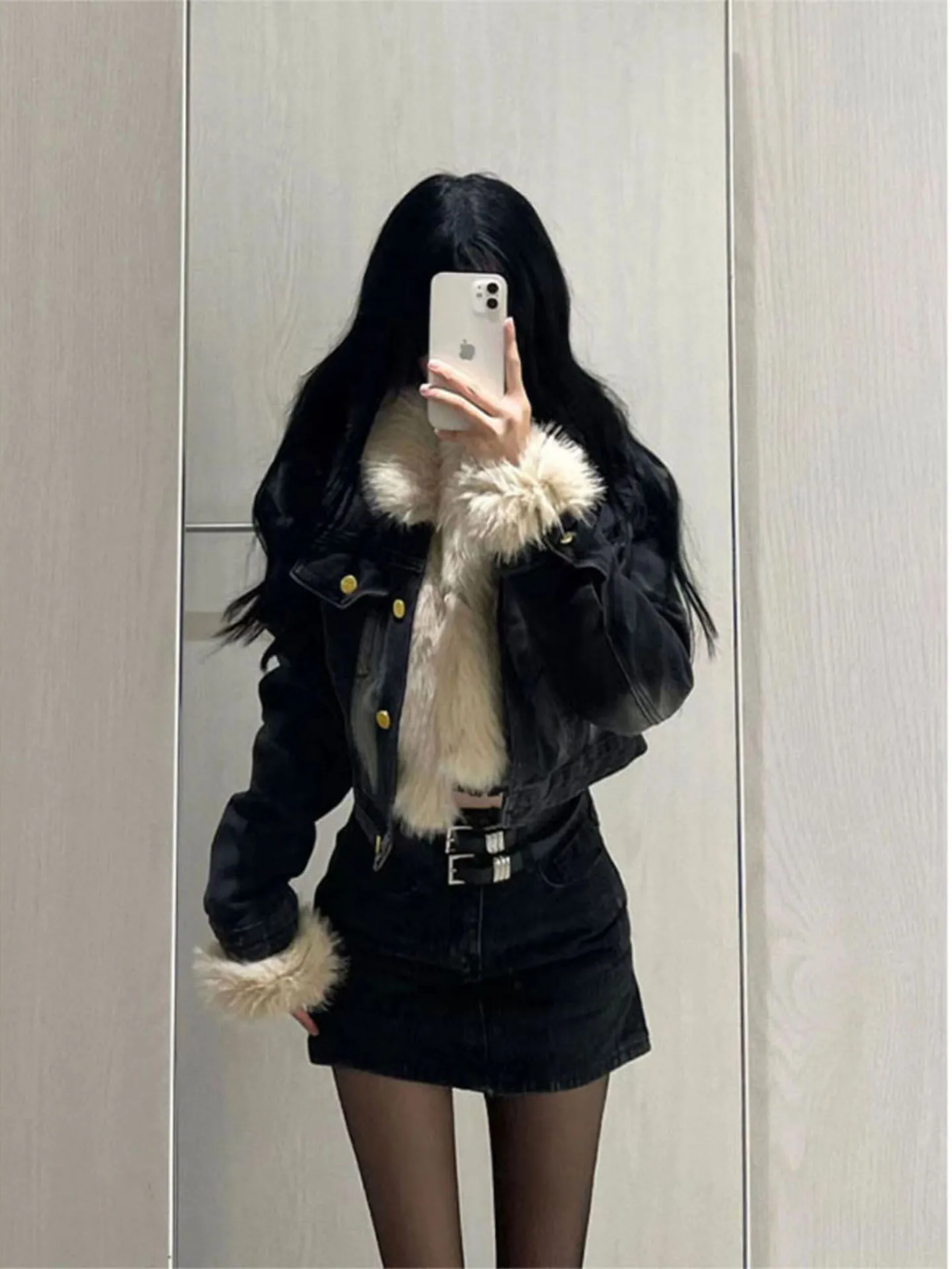 Denim jas hoody bont pluche dames herfst grunge bijgesneden standneck minimalistische stedelijke sociale verzamelen geborduurde gewatteerde jassen