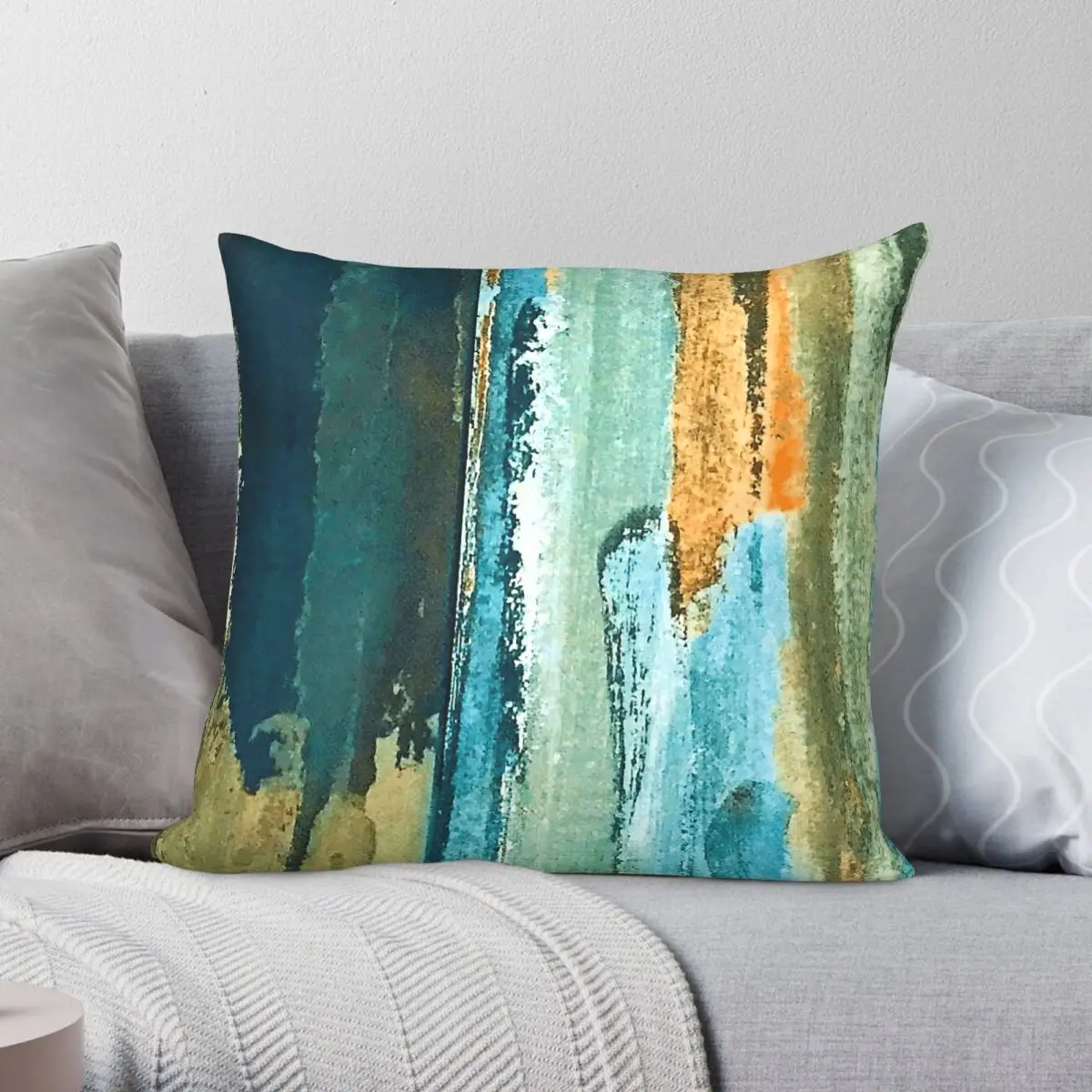 Aqua Indigo Blue Green Streaks Square Pillowcase Polyester Linen Velvet Creative Zip Decor Sofa Cushion Cover 18