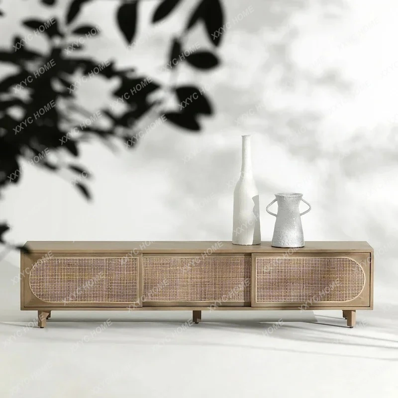 

Тумба под телевизор Cy из массива дерева и ротанга для небольшой квартиры, интегрированный настенный аудио-видео шкаф для гостиной