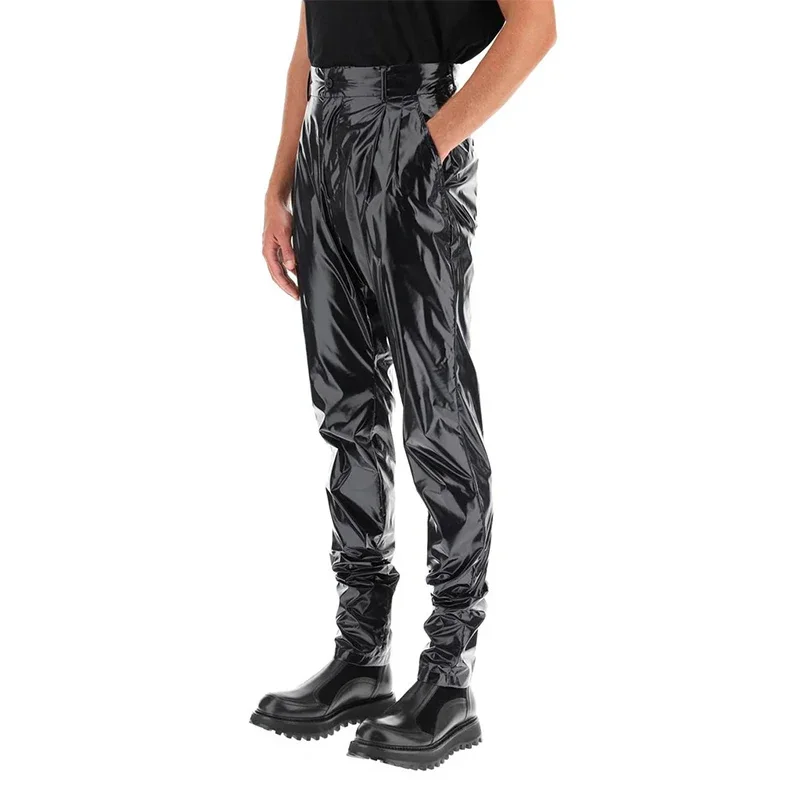 Men's Shiny Faux Leather High Waist Pleated Pencil Pants Male Chic Elastic PU Slim Trousers New Entertainment Casual Pant Custom