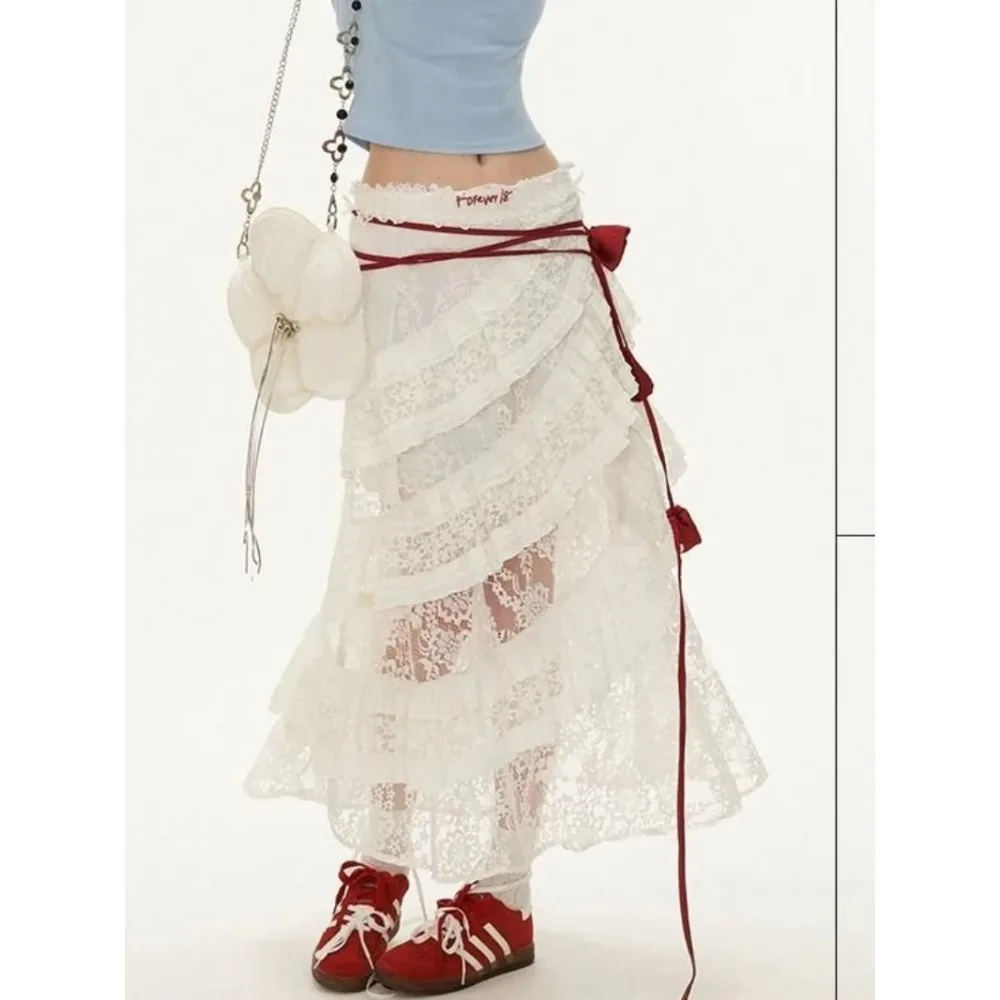 New American Lace MultiLayer Tulle Skirt Slim Design Spice White MidLength HighWaisted Halter Skirt Fashionablepieceforachiclook
