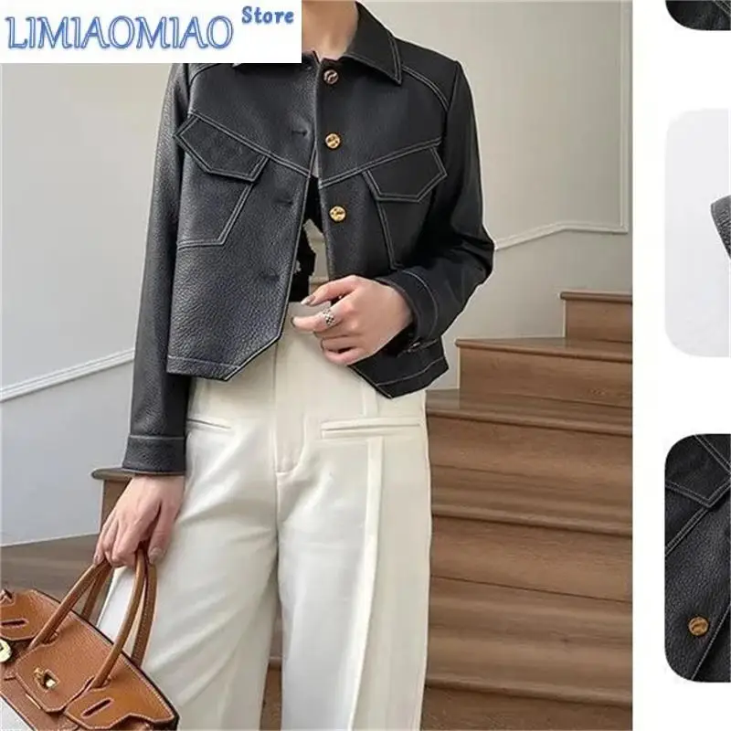 New High-End Brown Women Bike Coat PU Leather Outwear Button Outfit Spring Autumn Women Fashion Short Thin Female Jacket Black