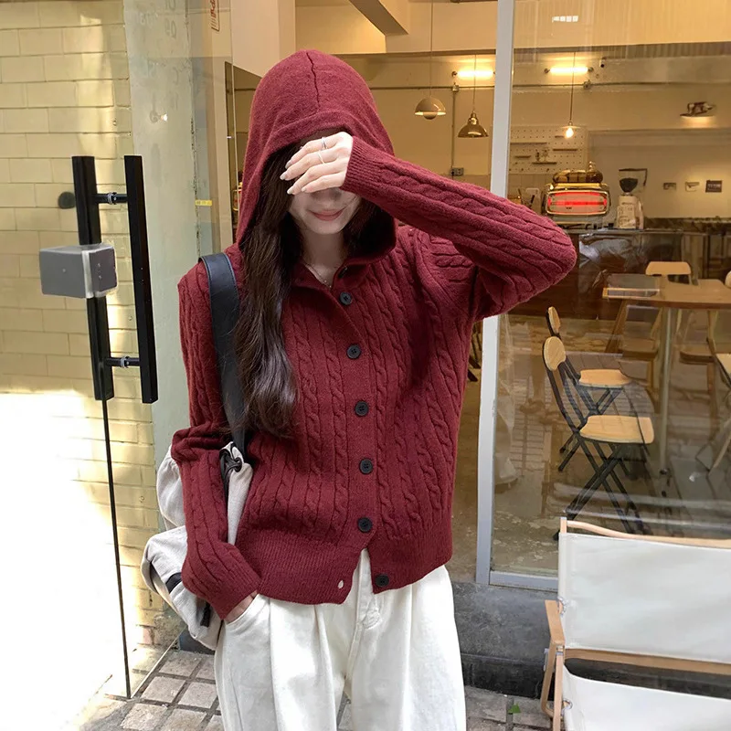 Women Knit Cardigan Sweater Hoodies Long Sleeve Jumpers Single Breasted Solid Sweaters Warm Thick Casual Spliced Basis Autumn