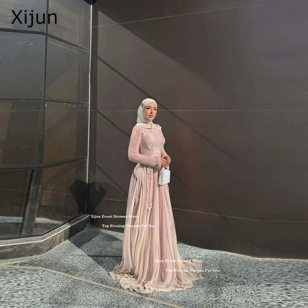 

Xijun Luxury Pink Chiffon Evening Dresses Flowers Appliques A-Line Prom Dresses Full Sleeves Modest Prom Gowns 2025 Customized