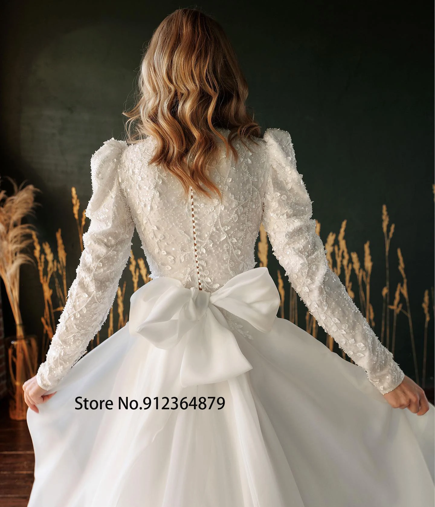 Vestidos De novia De manga larga con cuello alto, apliques De encaje, lazo en la espalda, Formal, cultivado, Vetido De fiesta