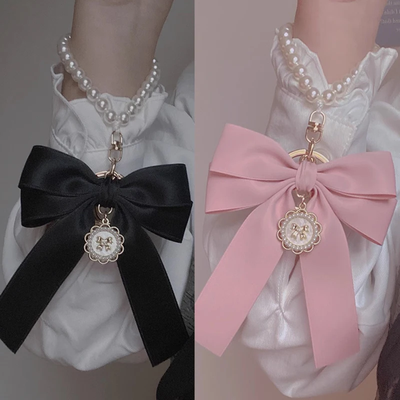 2024 New Fashion Imitation Pearl Keychain Sweet Ribbon Bowknot Keyring Accessories Metal Buckle Women Bag Bow Best Gifts Jewelry