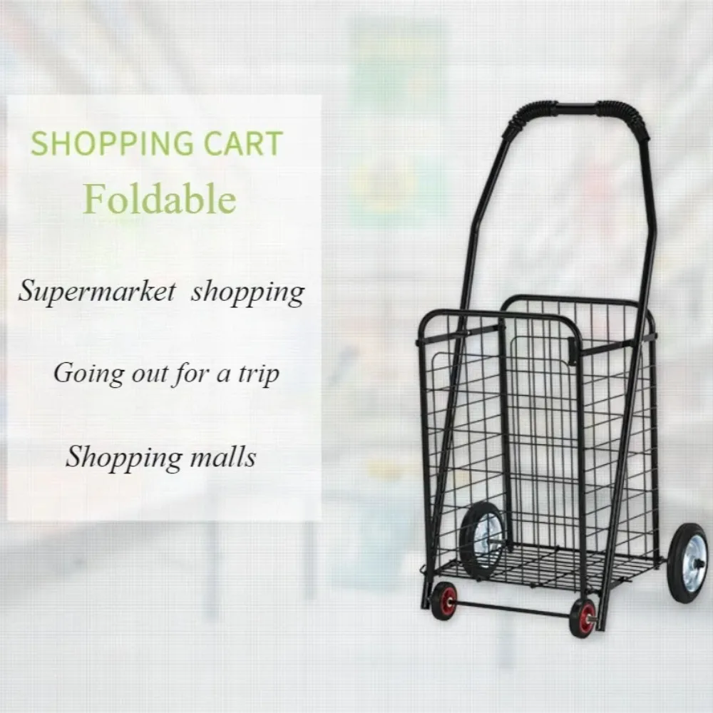 Utility Shopping Cart Folding Iron Shop Trolley With Wheels Lightweight Grocery Organize Kitchen Stronge Basket Portable Carts