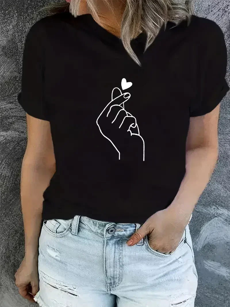 90s Finger Tshirt Heart Print T-Shirt Short Sleeve Crew Neck Casual Top for Summer Spring Women's and Kids Clothing Top Tee