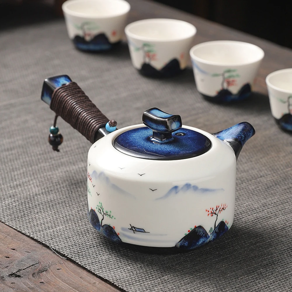 Temmoku glazed side handle teapot, Home hand drawn landscape tea maker, Retro style ceramic tea kettle, Kiln transformed tea set