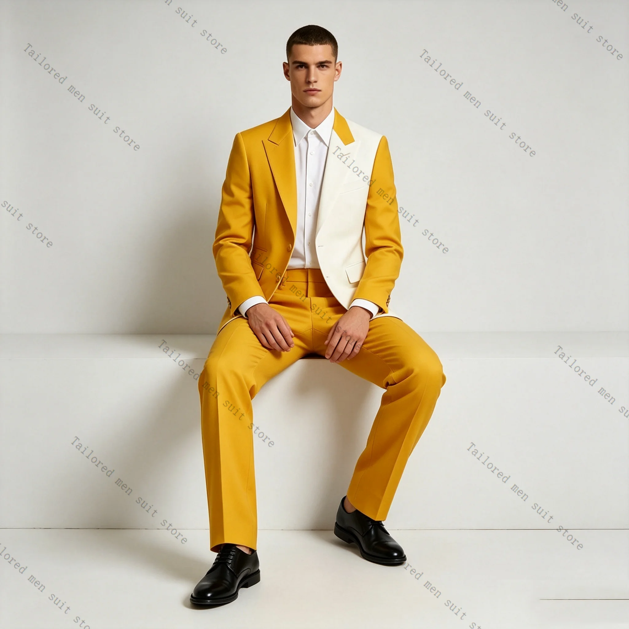 

White Yellow Men Suits Pants Set 2 Pcs Blazer+Trousers Cotton Groom Wedding Tuxedos Jacket Formal Office Business Coat Outfit
