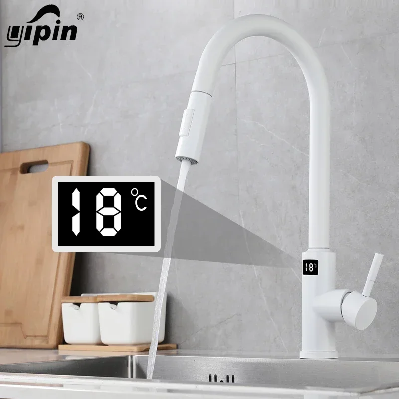 003 Kitchen Faucets Full Out, Digital Sink Faucet Sensor 3 Way Brass Luxury Black White,pull Down