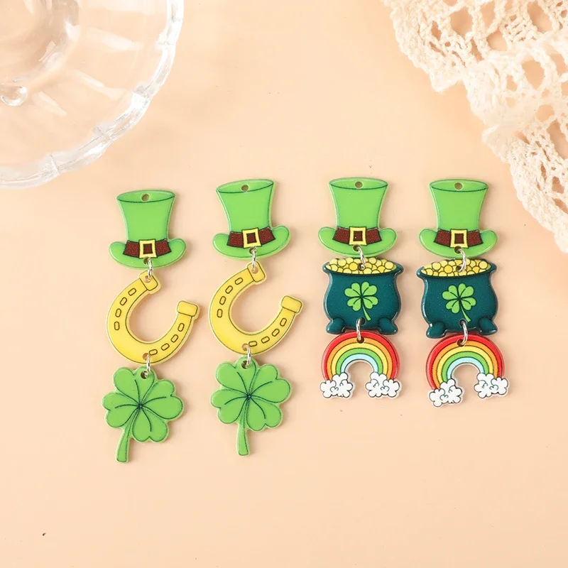 4Pcs St. Patrick's Day Charms Acrylic Shamrock Green Hat For Necklace Keychain Diy Making Accessories