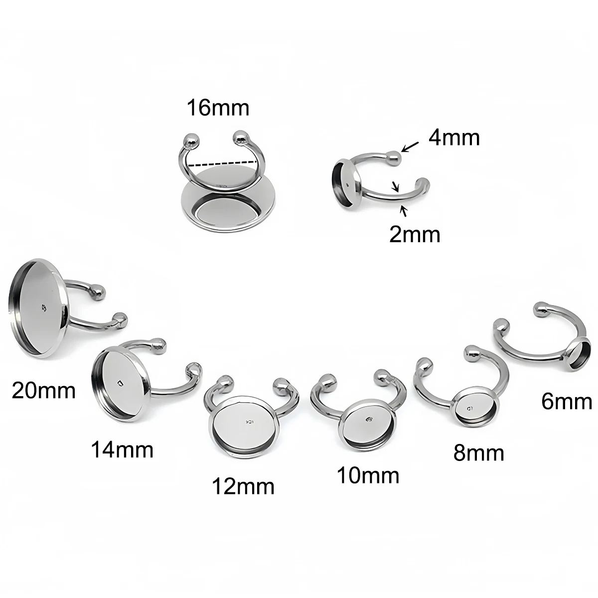 5/10 Stück 6-20mm Edelstahl Verstellbare Ringfassungen Leere Basis Glas-Cabochon-Knöpfe Fassungen Kameo DIY Schmuckherstellung – Detail 1