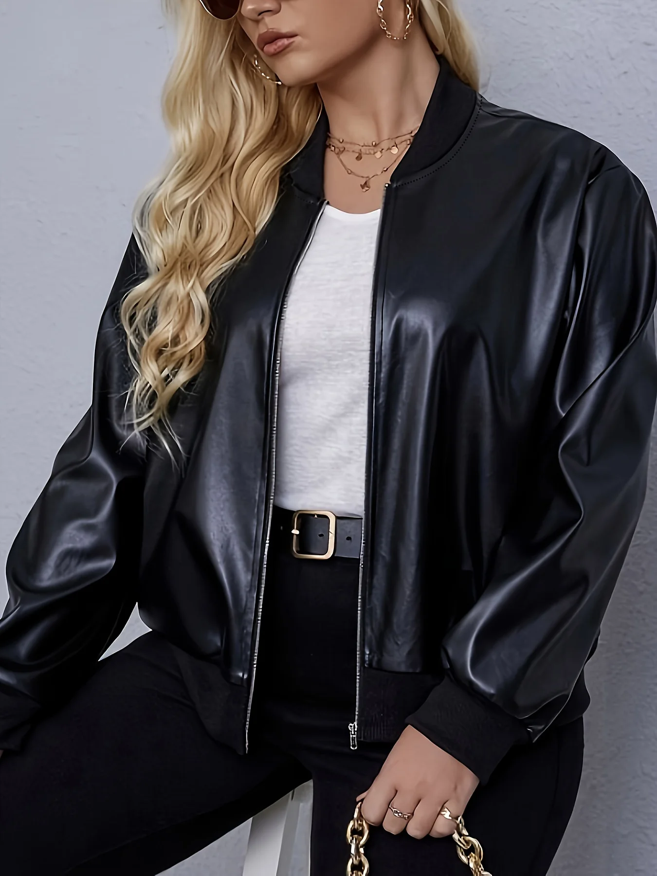 Plus Size Classic Style Jacket, Women\'s Plus Drop Shoulder Zip Up Long Sleeve PU Leather Jacket With Slant Pockets