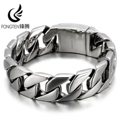 Fongten 22cm Cuban Chain Bracelets For Men Stainless Steel Shiny Brushed Bangle Bracelets Men Curb Gold Silver Color Jewelry