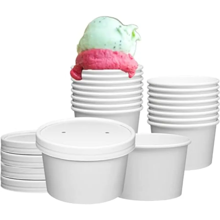 250 Sets White Paper Food Containers With Vented Lids, To Go Hot Soup Bowls, Disposable Ice Cream Cups