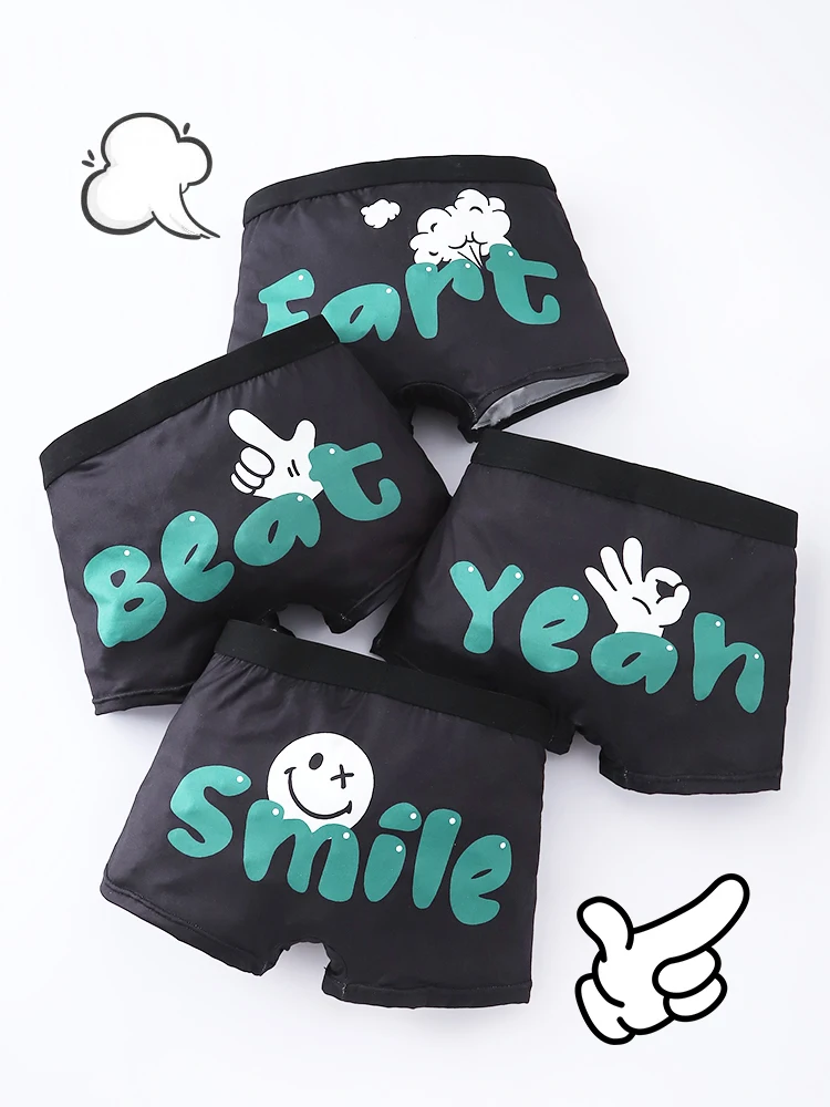 4pcs Knitted Boys' Boxer Shorts with Fun English Print Flat Front Multi-Season Wearable Summer Outdoor Clothing for Kids