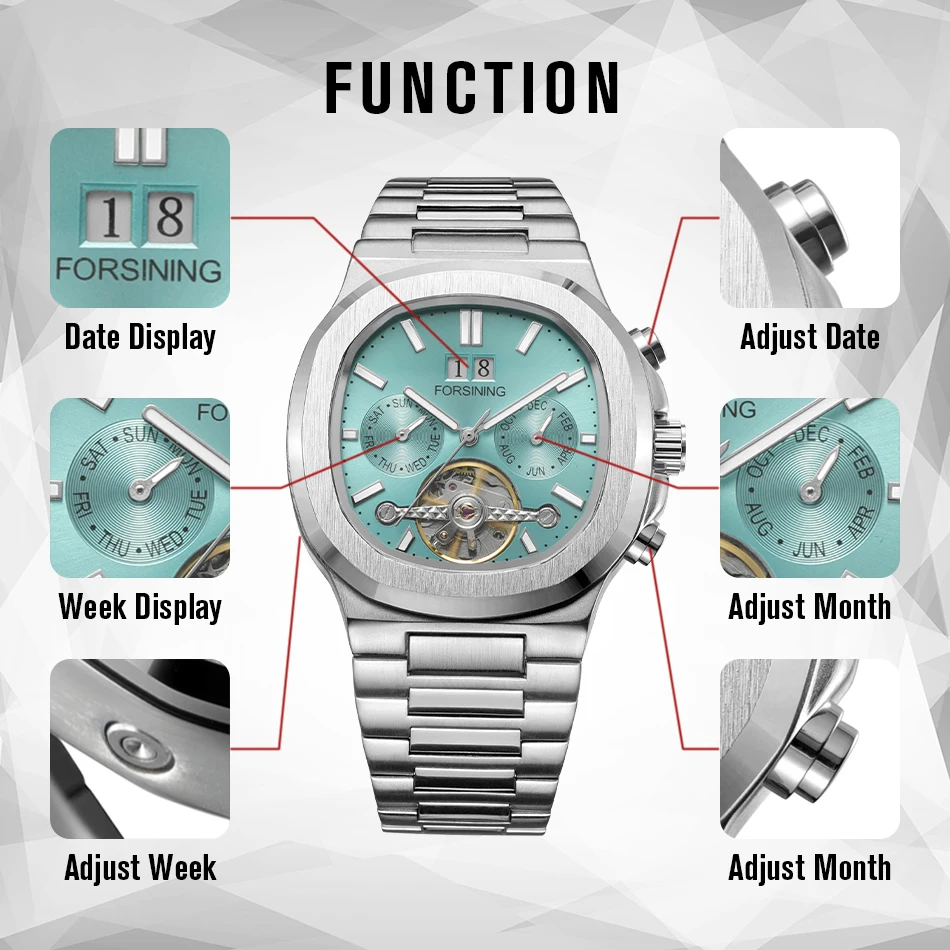 Forsining 481 Military Man Tourbillon Hands Watch Week Date Automatic Mechanical Watches Stainless Steel Clock Relogio Masculino image 5