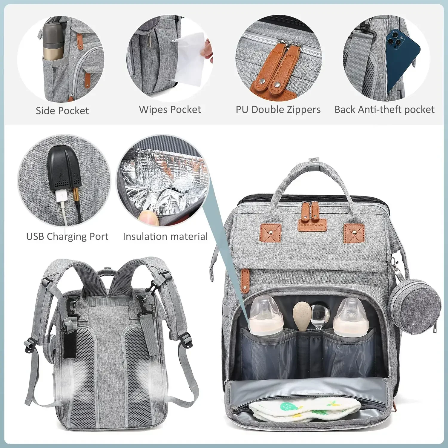 Baby Essentials Travel Tote Multifunction Waterproof with Changing Station Pad Stroller Straps Big for Mommy Diaper Bag Backpack