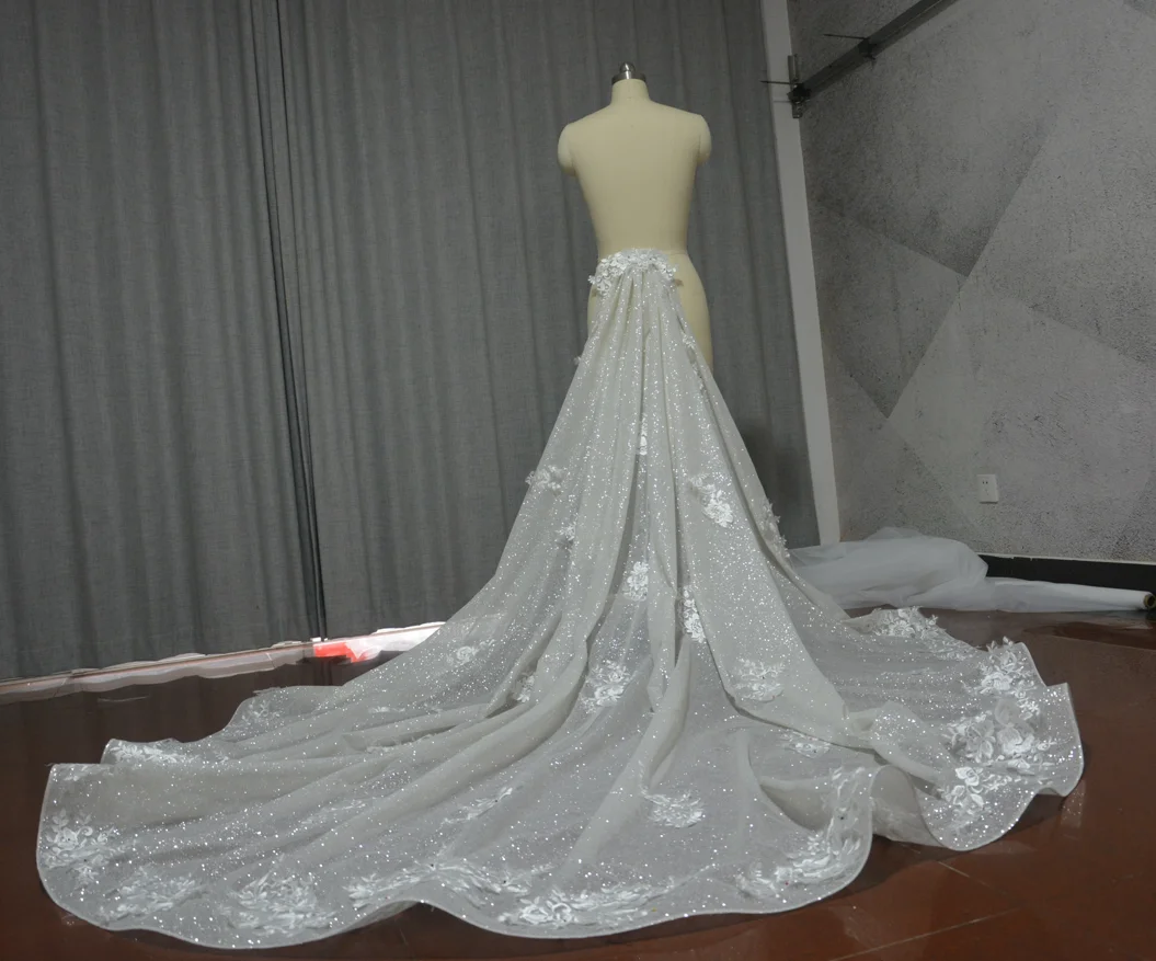 luxury Sparkling Tulle lace Decal Church Detachable Train Skirt for Wedding bridal accessories custom size