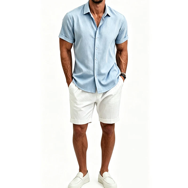 Men's  Cotton Linen Shirt Set Summer Short Sleeve Shirt And Shorts Suits for Men Solid Color Beach Tracksuit 2pcs Casual Set Men