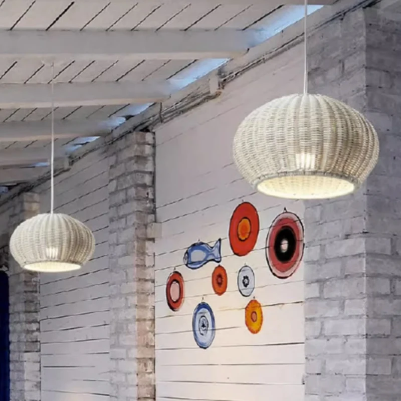 Japanese Rattan Lantern Pendant Lights Outdoor Waterproof Homestay Parlor Dining Room Pure Handmade Woven Rattan LED Chandeliers