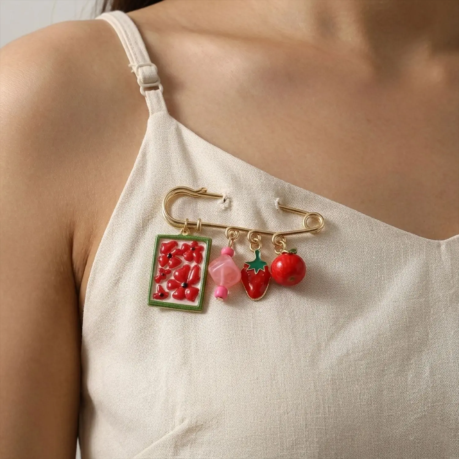 Cross border summer vacation style multifunctional pin, niche design, colorful flower, strawberry, apple brooch