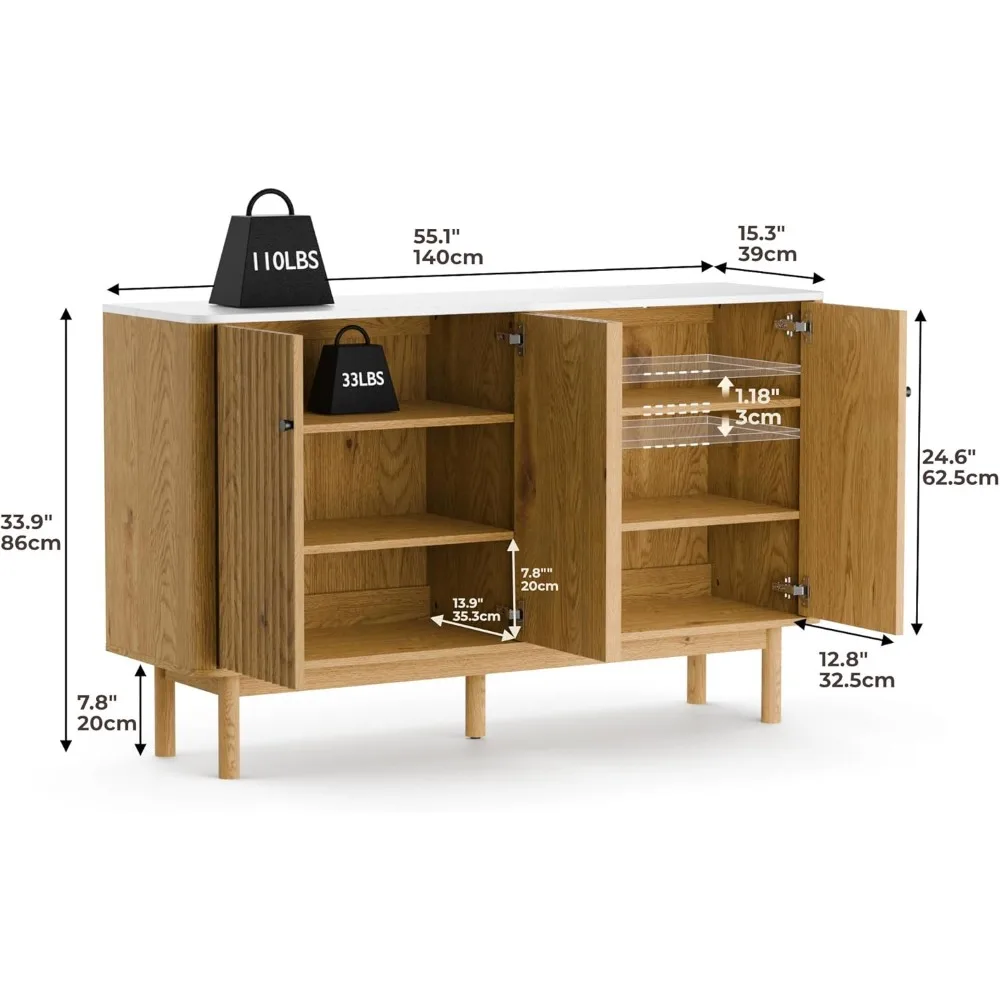 خزانة بوفيه حديثة مخددة مع مساحة تخزين، وخزانة جانبية ذات 4 أبواب، وأرفف قابلة للتعديل، ووحدة تحكم بار القهوة لليفي المعاصر